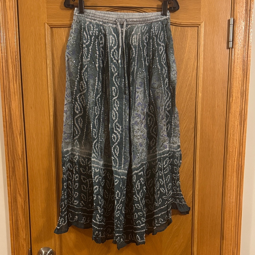 NWT Sam Hilu 100% Silk Boho Maxi Skirt Hand Printed India Drawstring Waist Sz L